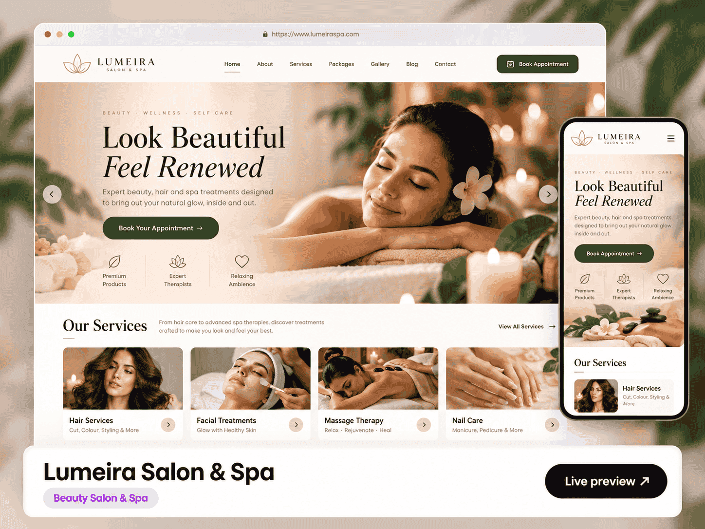 Lumeira Salon & Spa website template preview